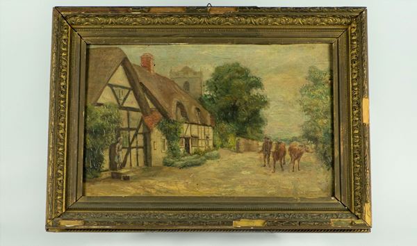 Pittore Francese XIX Secolo - &quot;Peasant house with shepherd and oxen&quot;