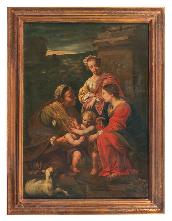 Scuola Veneta Fine XVII Secolo - &quot;Madonna with Child and Saint John the Baptist&quot;, oil painting on canvas in a gilded wooden frame and graphite