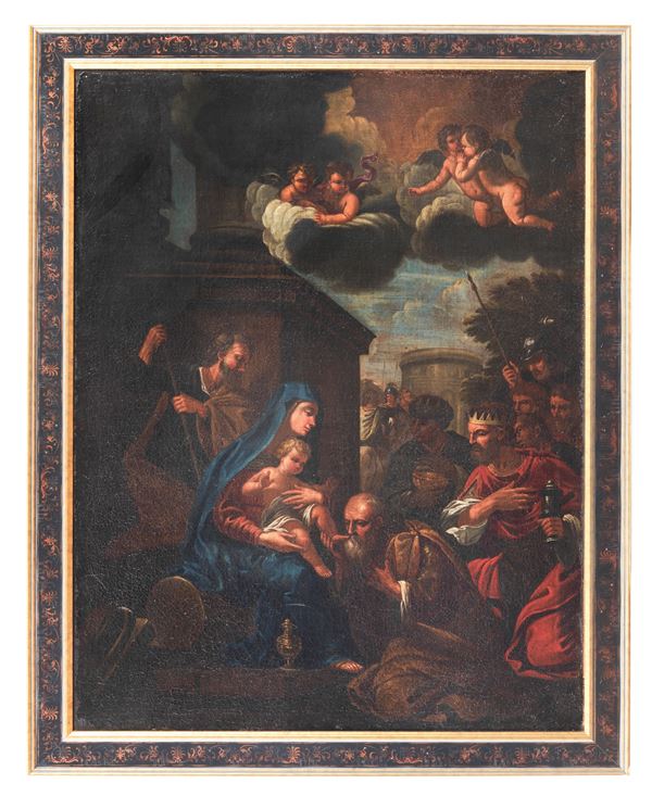 Scuola Italiana Fine XVII Secolo - &quot;Nativity with the Adoration of the Magi&quot;, oil painting on canvas in a gilded and decorated wooden frame