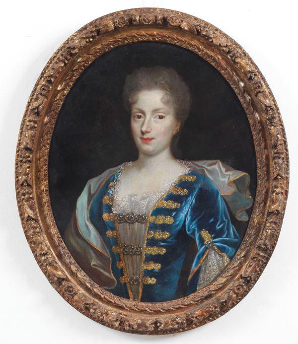 Scuola Italiana Inizio XVIII Secolo - &quot;Portrait of Marie Jeanne Baptiste of Savoy-Nemours&quot;, oval oil painting on canvas in an antique gilded and carved wooden frame