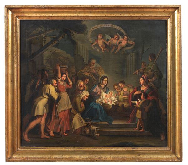 Scuola Italiana Inizio XVIII Secolo - &quot;Nativity with the Adoration of the Shepherds&quot;, oil painting on canvas of excellent pictorial execution, gilded wooden frame