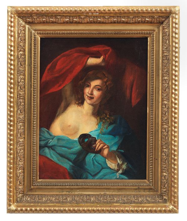 Scuola Veneta Fine XVIII Secolo - &quot;Young woman with carnival mask&quot;, small oil painting on canvas in a gilded and carved wooden frame