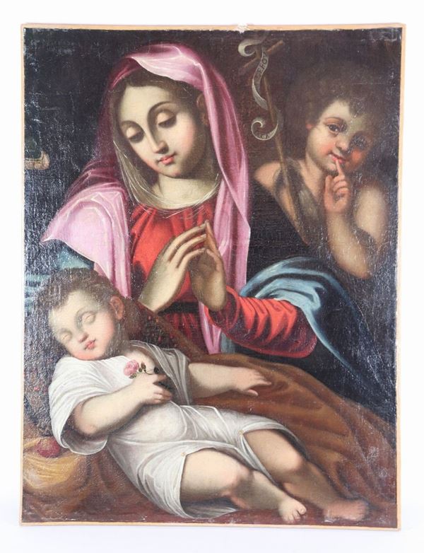 Scuola Bolognese Fine XVII Secolo - &quot;Madonna with Sleeping Child and Saint John the Baptist&quot; oil painting on canvas of excellent pictorial execution and lively chromatic contrast, gilded wooden frame