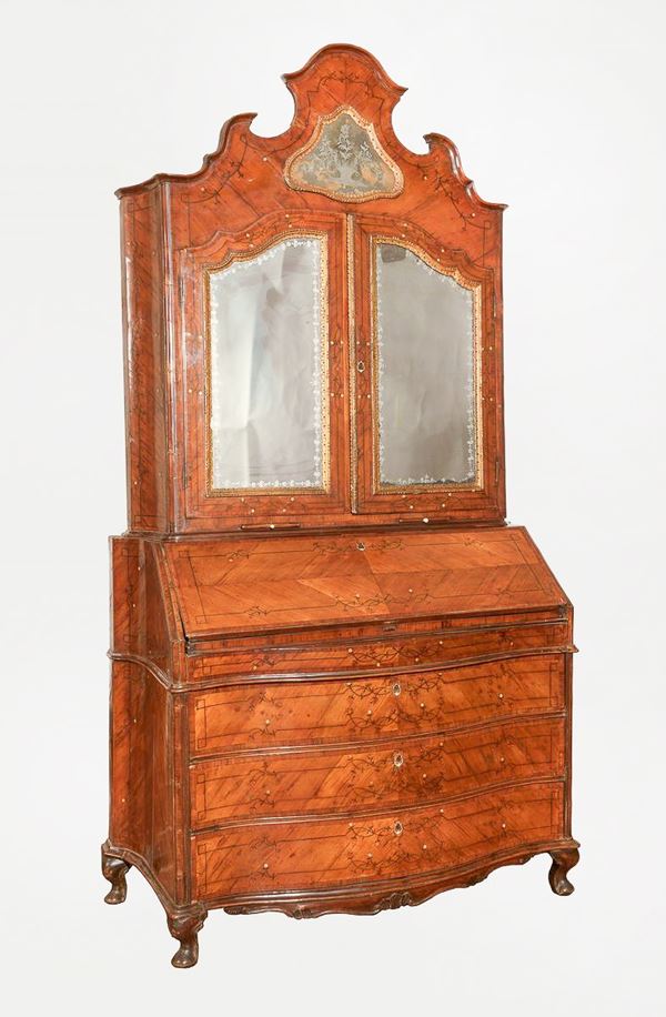 Antique Venetian Louis XV walnut trumeau, with geometric thread inlays and floral interweaving in ebonized wood 