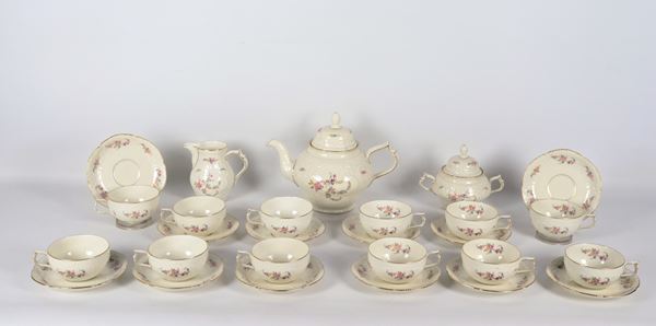 Antique Rosenthal white porcelain tea set, with polychrome floral bouquet decorations: teapot, milk jug, sugar bowl and twelve cups with saucers (15 pieces)