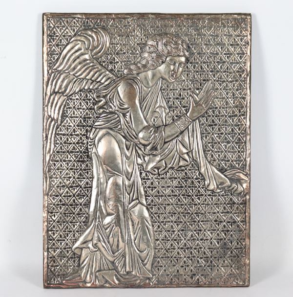 &quot;Angelo&quot;, ancient plaque in silver-plated copper, embossed and chiseled