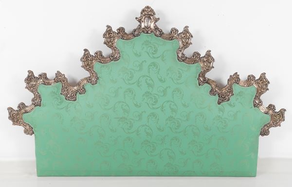 Antique Roman backrest in silver-plated copper, embossed and chiselled with Louis XV motifs, green fabric covering