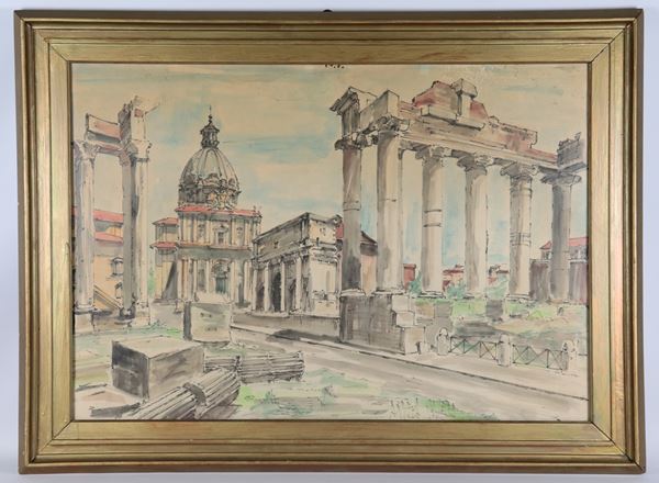 Pittore Italiano Inizio XX Secolo - Signed. &quot;View of the Roman Forum&quot;, large watercolor on paper in a gilded frame