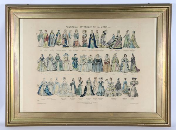 Large French color print &quot;Panorama historique de la mode&quot;, gilt wood frame