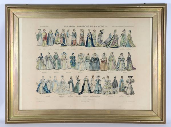 Grande stampa francese a colori "Panorama historique de la mode", cornice in legno dorato