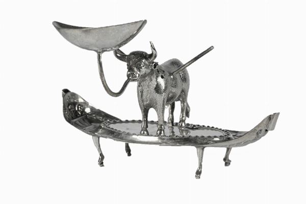 Silver toothpick holder with &quot;Bull&quot; figurine