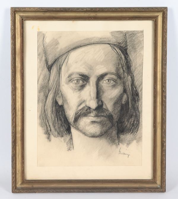 Pittore Europeo Inizio XX Secolo - Signed. &quot;Portrait of a man with a moustache&quot;, small charcoal and pencil drawing on paper in a gilded frame and passepartout