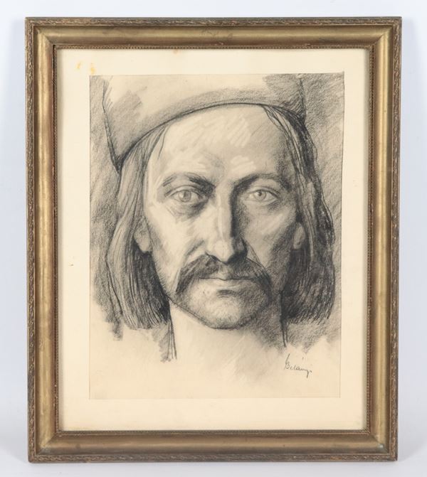 Pittore Europeo Inizio XX Secolo - Firmato. "Ritratto di uomo con baffi", piccolo disegno a carboncino e matita su carta in cornice dorata e passepartout