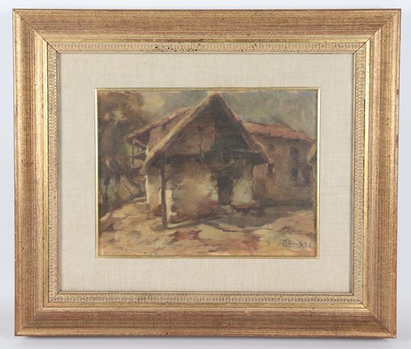 Pittore Italiano Inizio XX Secolo - Siglato e datato 1936. "Casolare di montagna", piccolo dipinto ad olio in cornice dorata e passepartout