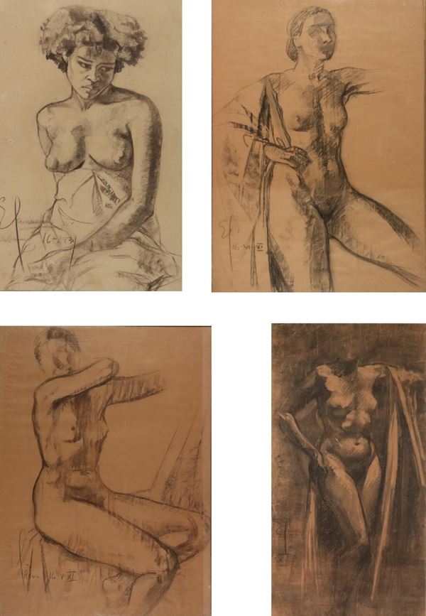 Ersilia Cavaciocchi - Signed. &quot;Nudes of African Women&quot;, lot of four large charcoal and pencil drawings on paper, walnut frames