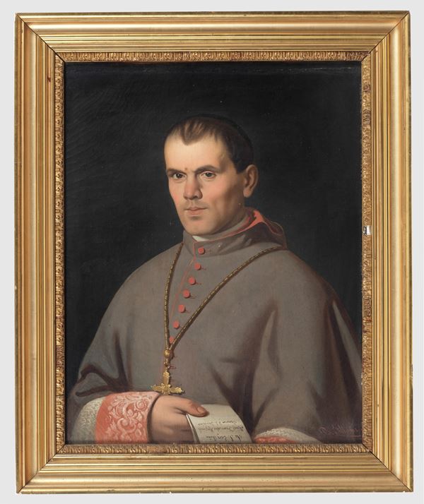 Pittore Italiano Inizio XIX Secolo - Firmato. "Ritratto di Monsignor Francesco Mazzuoli vescovo di San Severino Marche", dipinto ad olio su tela in antica cornice in legno dorato e intagliato