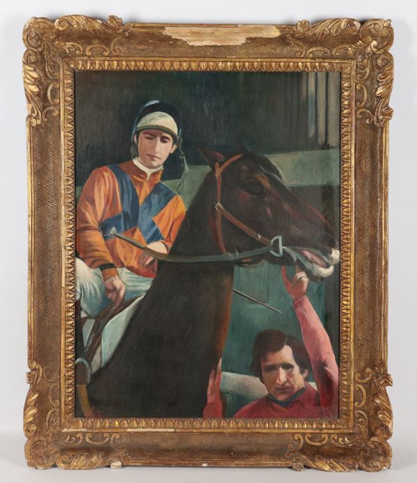 Pittore Italiano Inizio XX Secolo - Signed. &quot;Jockey at the mount&quot;, oil painting on canvas in a defective gilded and carved wooden frame 