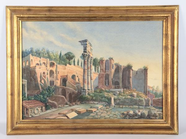 Lorenzo Cecconi - Signed and inscribed Rome. &quot;View of the Palatine&quot;, watercolor on paper in a gilded and carved wooden frame