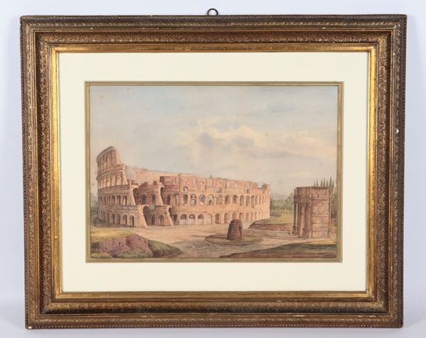 Pittore Romano XIX Secolo - "Veduta del Colosseo", acquarello su carta in antica cornice in legno dorato e passepartout