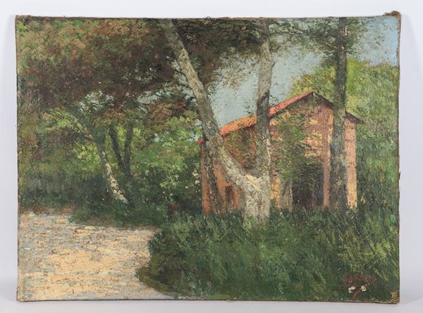 Giuseppe Fiore - Signed. &quot;Woodland landscape with farmhouse&quot;, oil painting on canvas