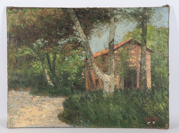 Giuseppe Fiore - Firmato. "Paesaggio boschivo con casolare", dipinto ad olio su tela