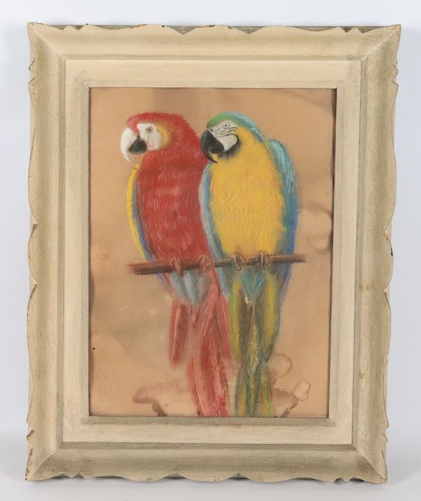 Scuola Italiana Fine XIX Secolo - &quot;Parrots&quot;, small watercolor on paper in ivory lacquered frame