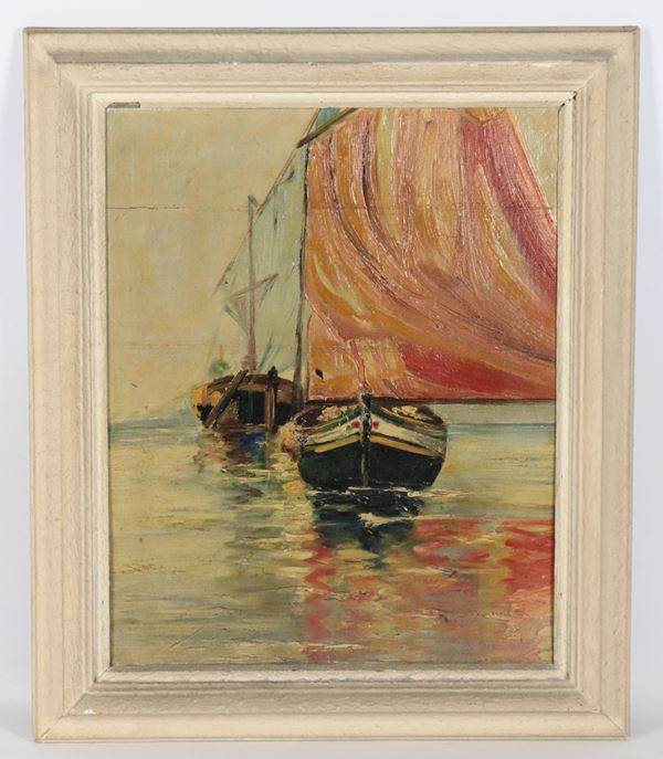 Scuola Veneta Fine XIX Secolo - &quot;Marina with fishing boats&quot;, small oil painting on plywood in ivory lacquered frame