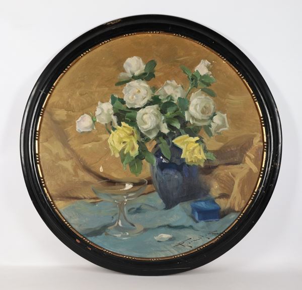 Ulderico Giovacchini - Signed. &quot;Vase with a bunch of roses&quot;, round oil painting on canvas in an ebonized wooden frame