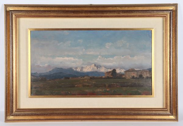 Carlo Vittori - Signed. &quot;Cremonese landscape with snow-capped mountains&quot;, oil painting in a golden frame and passepartout  