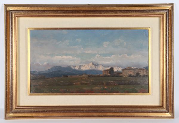 Carlo Vittori - Firmato. "Paesaggio cremonese con monti innevati", dipinto ad olio in cornice dorata e passepartout  