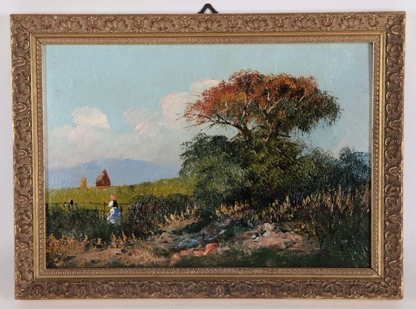 Angiolo Tommasi - Signed and dated 1883 on the back of the tablet. &quot;Landscape with the Lucca countryside and peasants&quot;, small oil painting on tablet in a gilded and carved wooden frame 