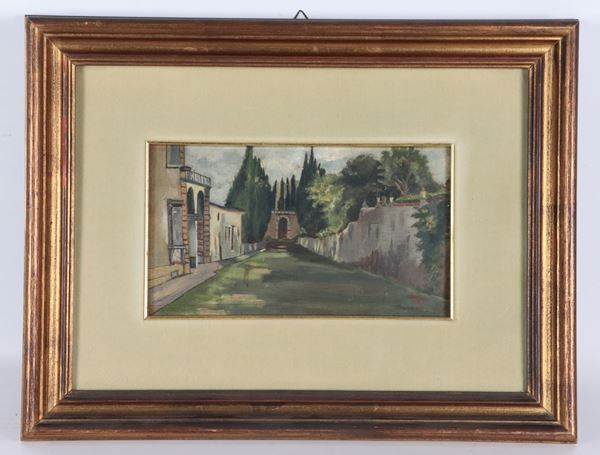 Pittore Italiano Inizio XX Secolo - Signed. &quot;Landscape with country road&quot; small oil painting on cardboard in golden frame and passepartout