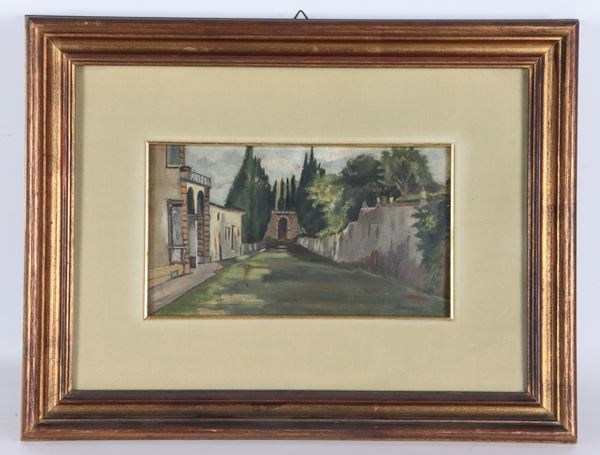 Pittore Italiano Inizio XX Secolo - Siglato. "Paesaggio con strada di paese" piccolo dipinto ad olio su cartone in cornice dorata e passepartout