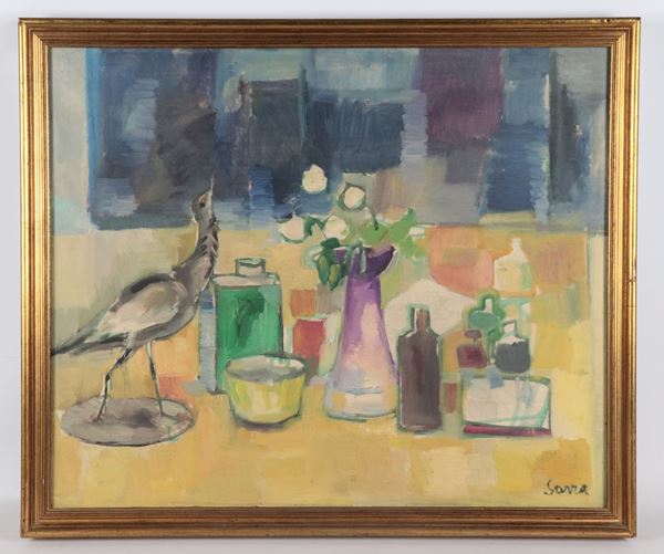 Manlio Sarra - Firmato. "Natura morta di fiori e vasellame", dipinto ad olio su tela in cornice in legno dorato