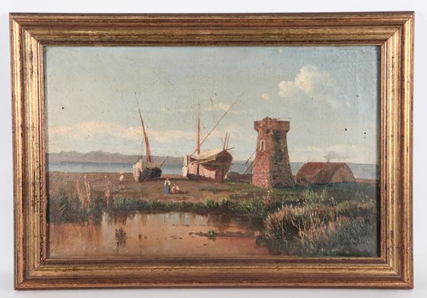 Pittore Italiano Fine XIX Secolo - Signed. &quot;Marina with tower and fishing boats in dry dock&quot;, small oil painting on canvas in a gilded and carved wooden frame