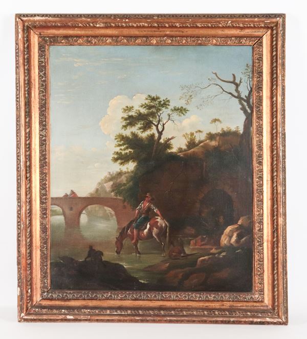 Pittore Bambocciante Inizio XVIII Secolo - "Paesaggio con ponte, viandante con cavallo e fiume", dipinto ad olio su tela in cornice in legno dorato e intagliato