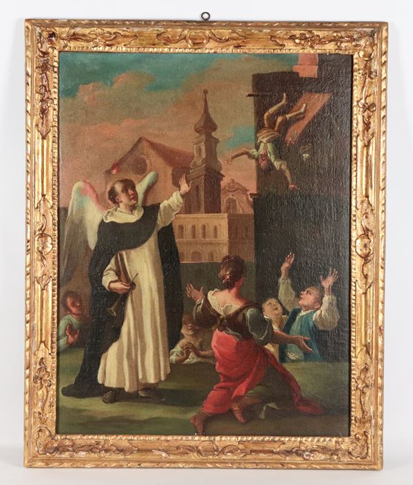 Scuola Romana Inizio XVIII Secolo - "San Vincenzo Ferrer e il miracolo del muratore", dipinto ad olio su tela in cornice in legno dorato e intagliato