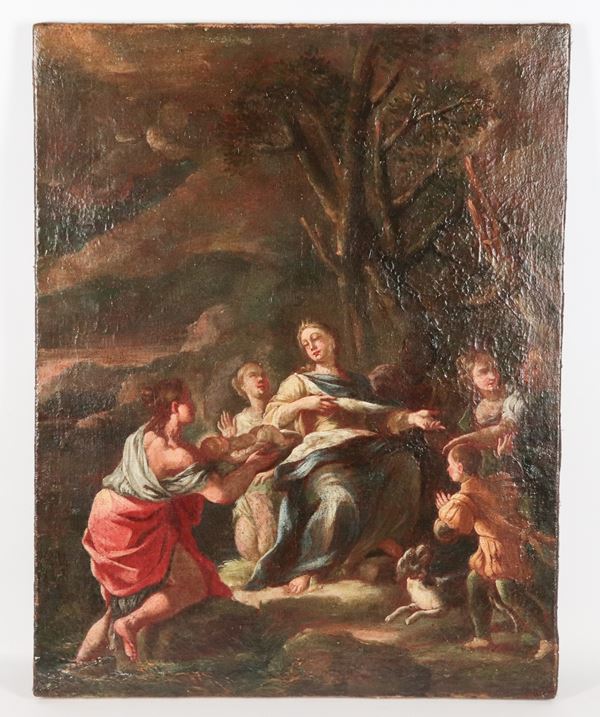Scuola Veneta Fine XVII - Inizio XVIII Secolo - "Mosè salvato dalle acque", dipinto ad olio su tela