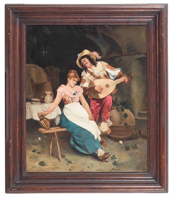 Pittore Romano XIX Secolo - Firmato, iscritto e datato Roma 1888. "La serenata alla locandiera", luminoso grande dipinto ad olio su tela in cornice in legno di noce. Difetti alla tela, da rintelare