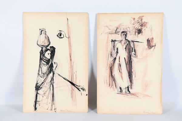 Hassan Soliman - Signed. &quot;Arabic Figures&quot;, lot of two mixed media drawings on paper, unframed