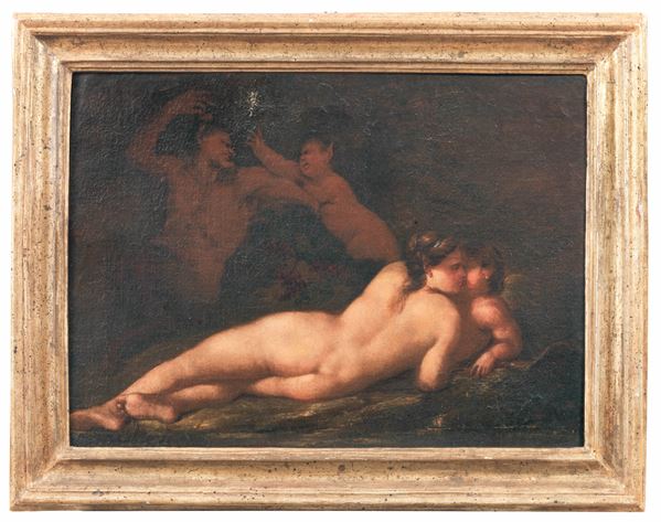 Sebastiano Mazzoni - Att.to. "Venere con Eros e Satiri", dipinto ad olio su tela in antica cornice in legno dorato e intagliato