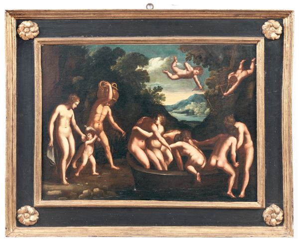 Carlo Saraceni - Att.to. "Venere, Marte e Amore: l'unione dei contrari", dipinto ad olio su tela in antica cornice in legno dorato ed ebanizzato