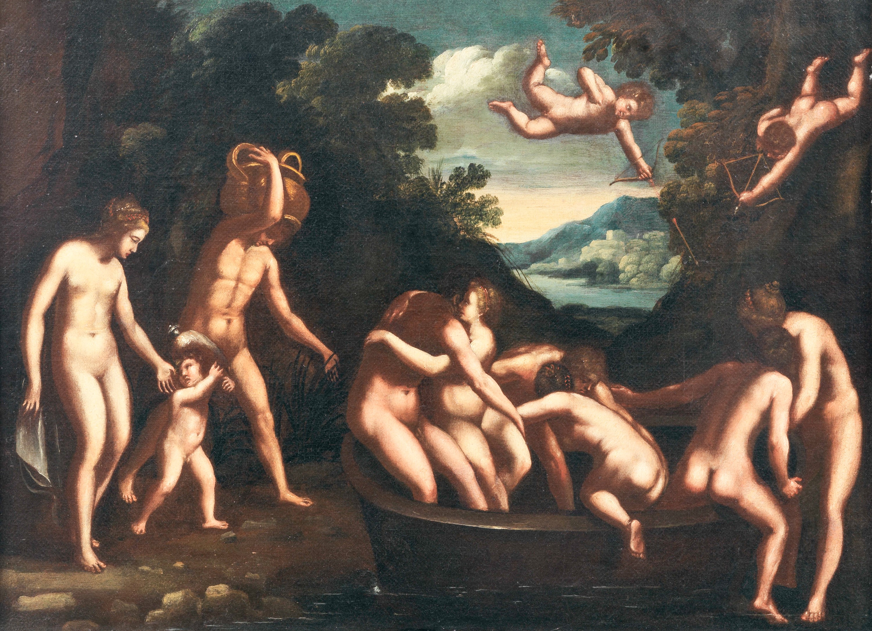 Att.to. "Venere, Marte e Amore: l'unione dei contrari", dipinto ad olio su tela in antica cornice...