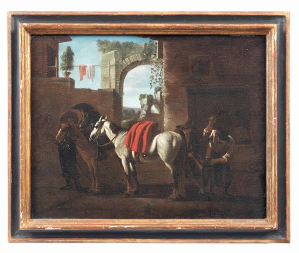 Pieter Van Laer detto Il Bamboccio - Att.to. &quot;Knights with the blacksmith&quot;, small oil painting on canvas in a gilded and ebonized frame 