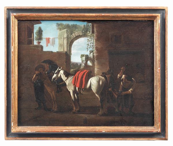 Pieter Van Laer detto Il Bamboccio - Att.to. "Cavalieri con il maniscalco", piccolo dipinto ad olio su tela in cornice dorata ed ebanizzata 