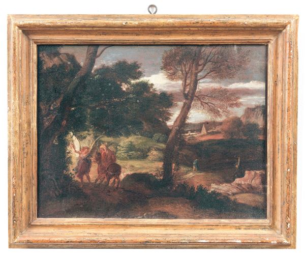 Giovanni Benedetto Castiglione - Allievo di. "Paesaggio con Giacobbe e l'Angelo", dipinto ad olio su tela in antica cornice in legno dorato e intagliato