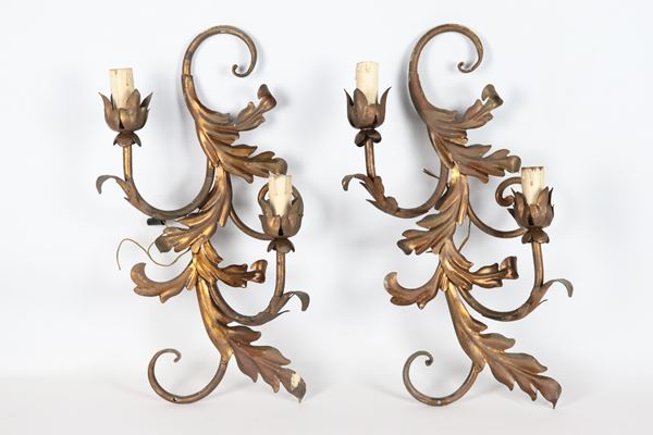 Pair of gilded copper appliques with embossed leaf motifs, 2 lights each