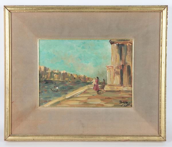 Pittore Italiano Fine XIX Secolo - Firmato. "Veduta di Venezia con mamma e figlioletta", piccolo dipinto ad olio su compensato in cornice dorata e passepartout