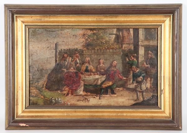 Pittore Francese Inizio XIX Secolo - &quot;Convivial lunch at the inn&quot;, small oil painting on a wooden panel in a walnut and gilded frame