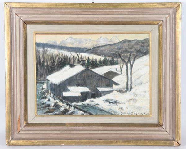 Primo Potenza - Signed. &quot;Snowy Alpine Landscape&quot;, small oil painting in lacquered frame and passepartout